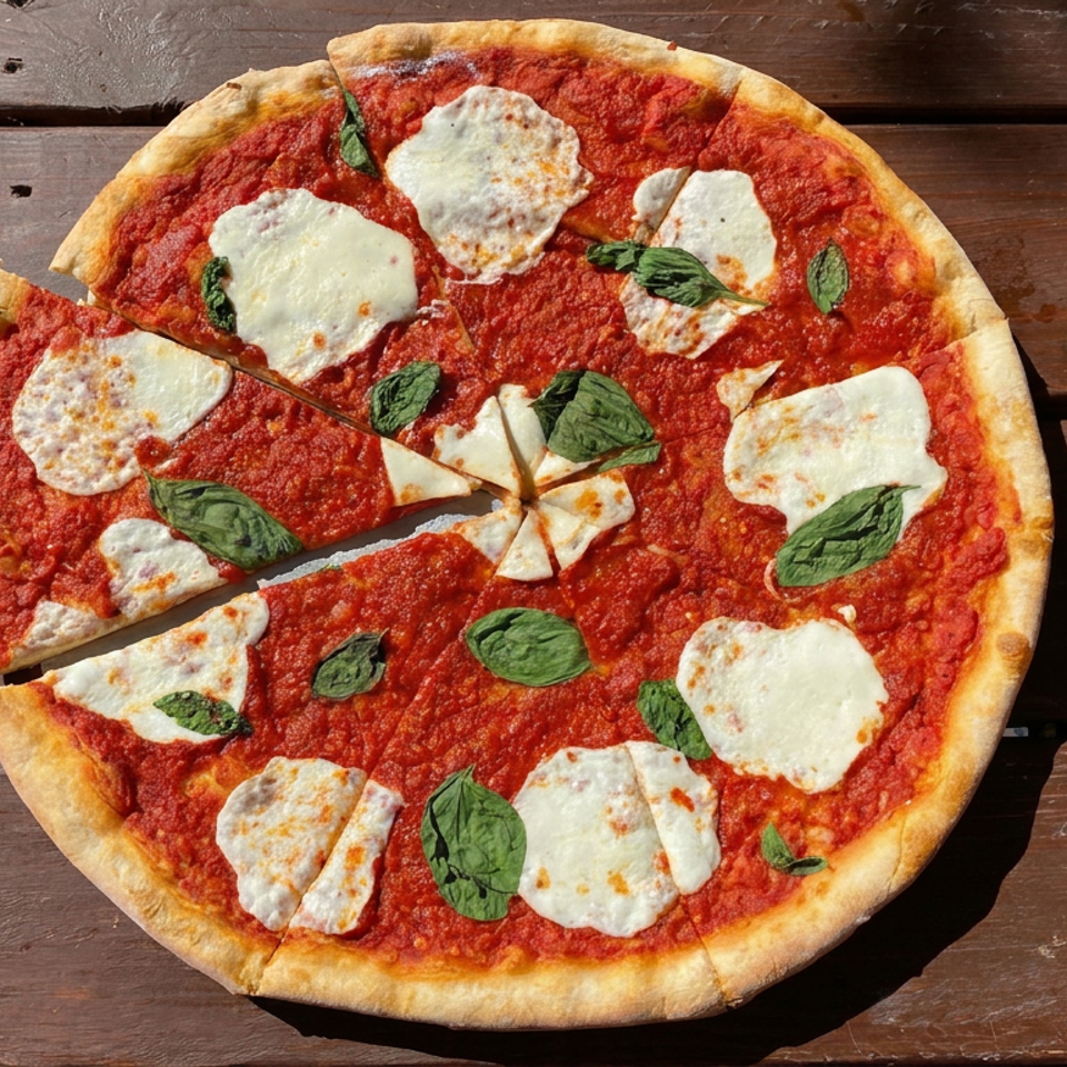 Margherita pizza with tomato sauce, melted mozzarella, and fresh basil on a rustic wooden table.