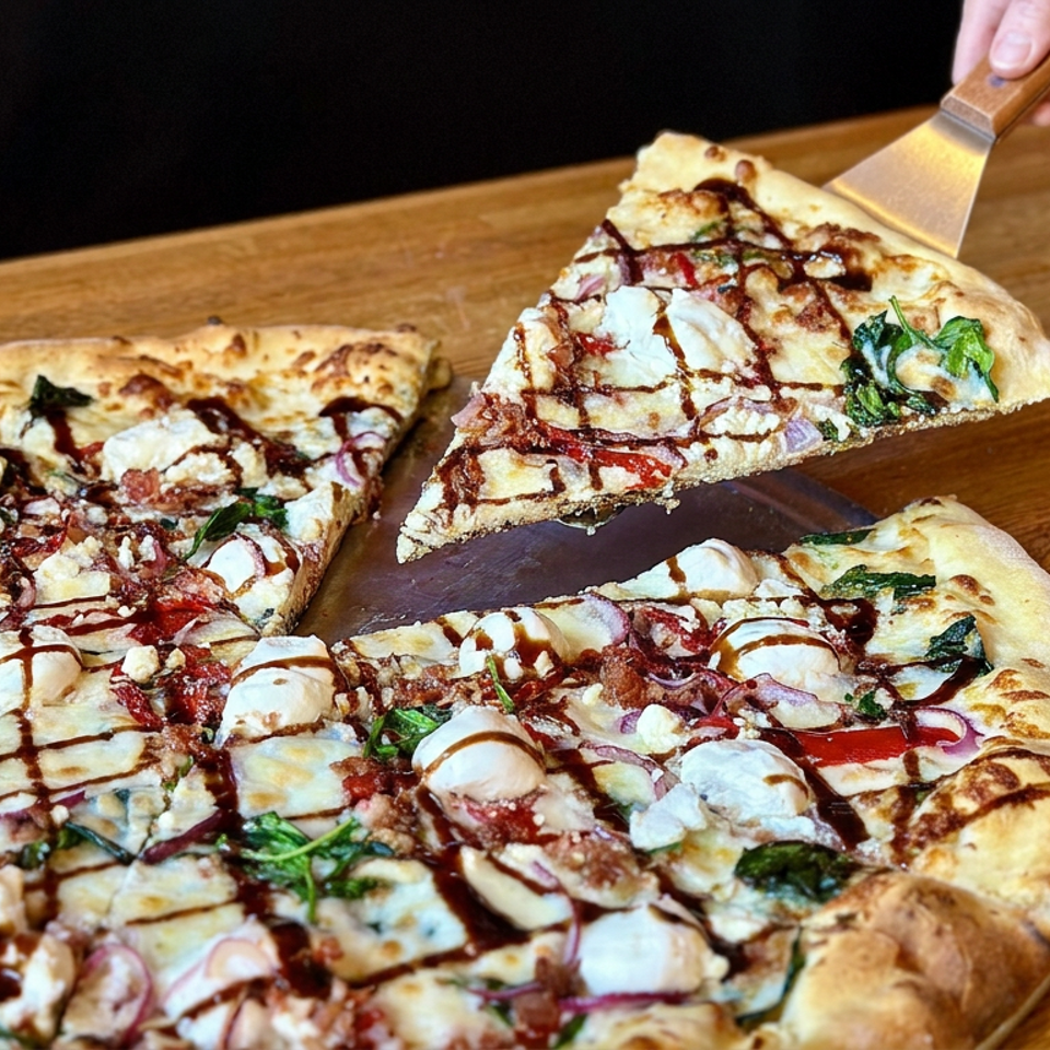Sliced artisan pizza topped with mozzarella, tomatoes, greens, onions, and balsamic glaze on a wooden board, with one slice lifted.