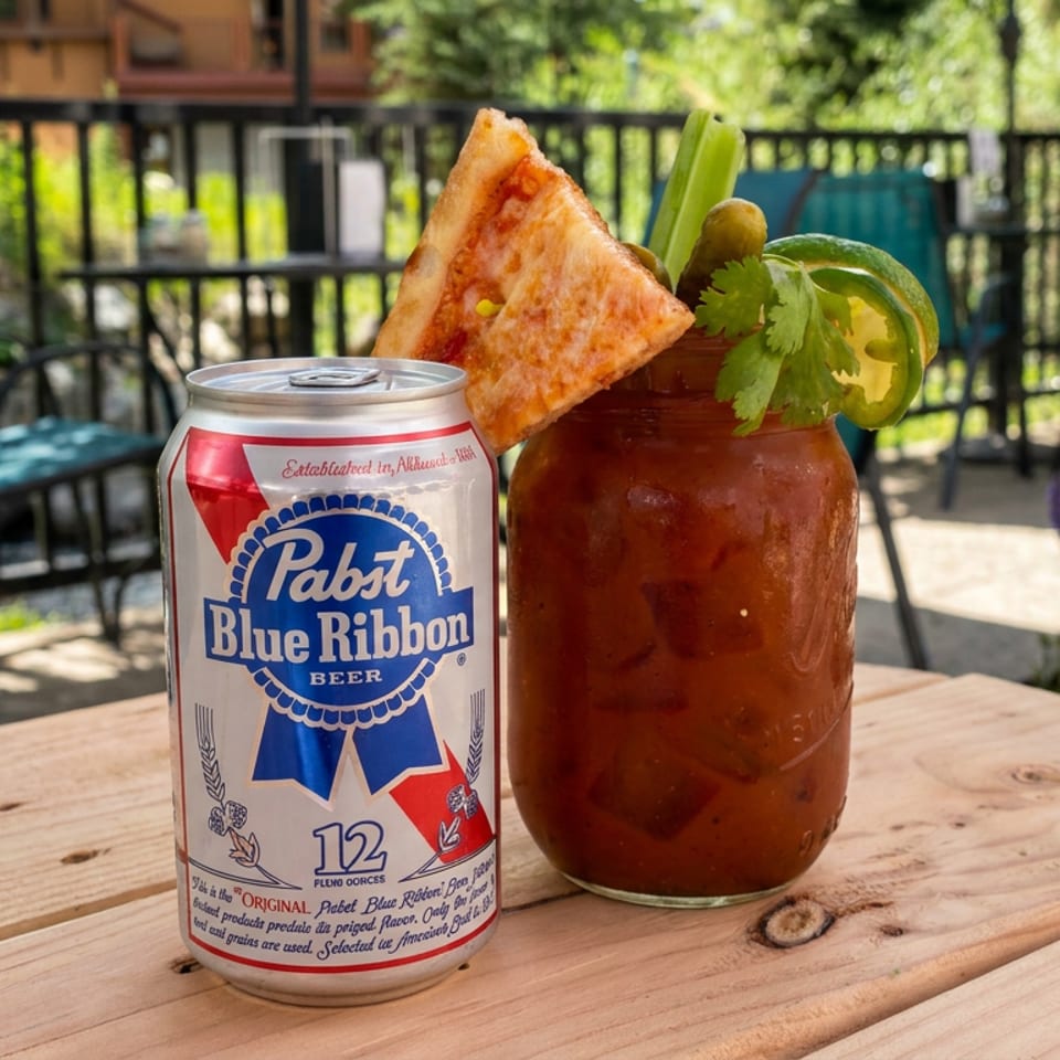Pabst Blue Ribbon beer beside a garnished Bloody Mary with toast, celery, lime, and cilantro on an outdoor patio table.