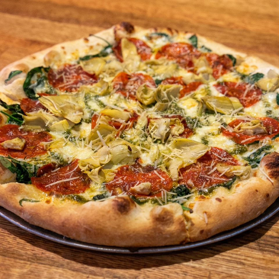 Wood-fired pizza topped with pepperoni, artichokes, spinach, peppers, and melted cheese on a serving pan.