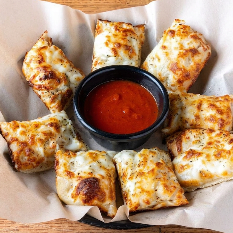 Eight golden-brown stuffed pizza bites arranged around a bowl of red dipping sauce on parchment-lined tray.