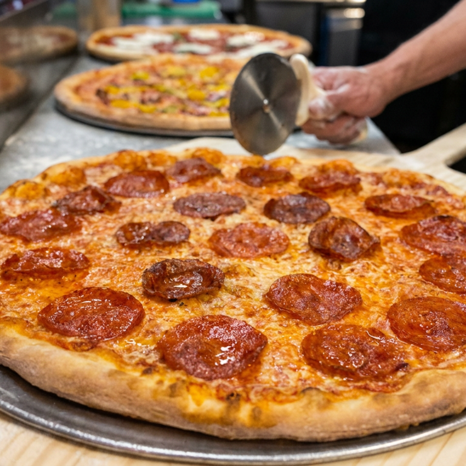 Pepperoni pizza on a metal tray, while a worker slices another pizza in a busy kitchen.